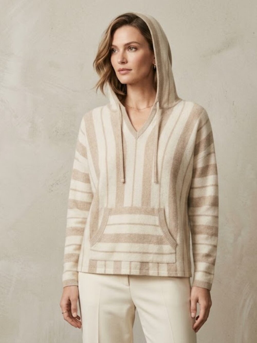 Tommy Bahama 30% Cashmere 70% Wool  Dolman Sleeve Cream Beige Striped Hoodie M L